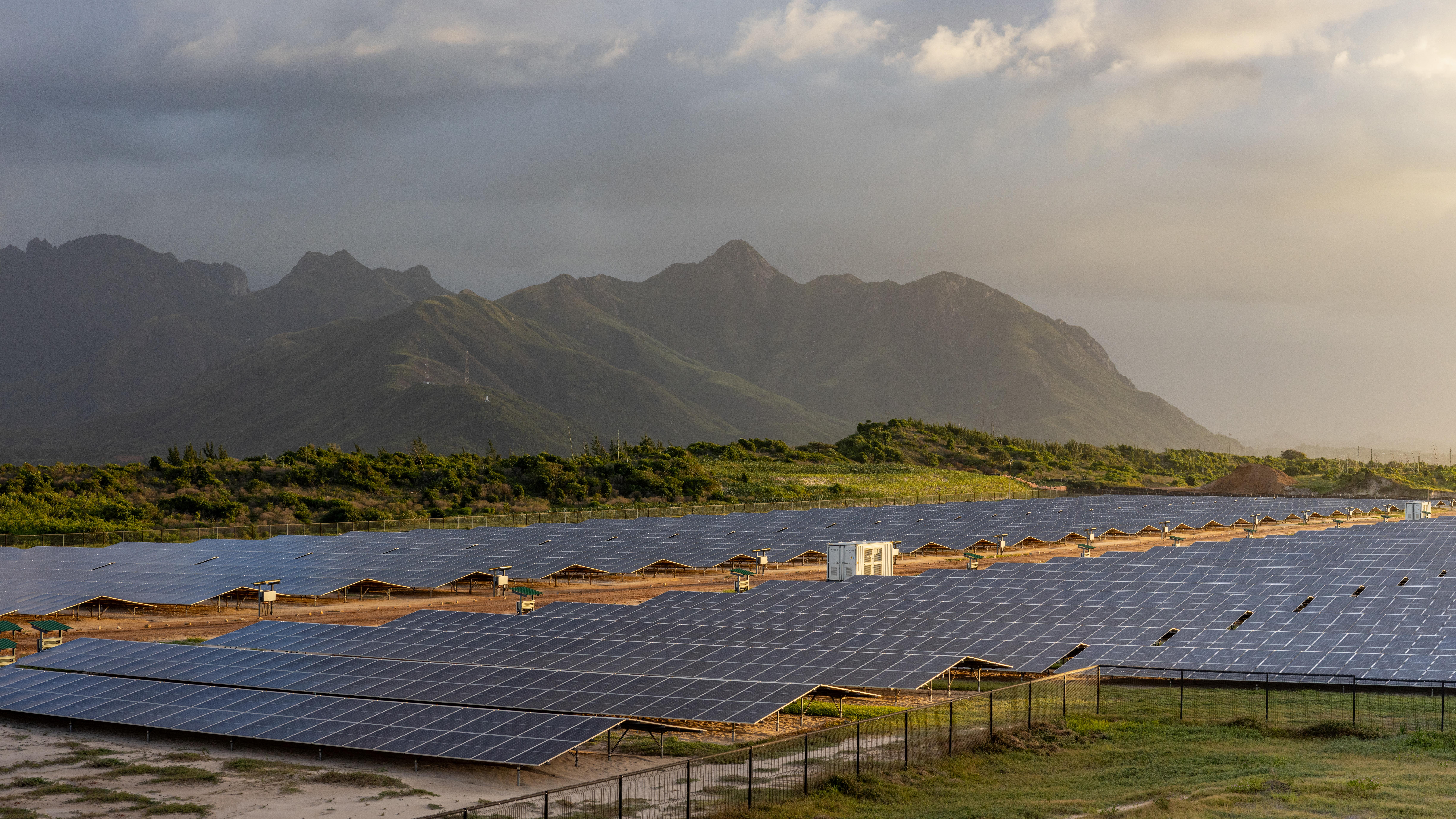 A solar array under the iconic mountains of Fort Dauphin in Madagascar