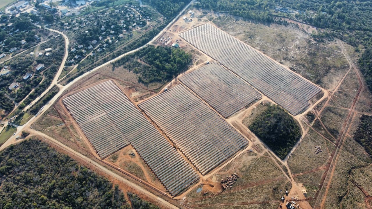 An aerial image of the solar PV system at Blanket Gold Mine in Zimbabwe
